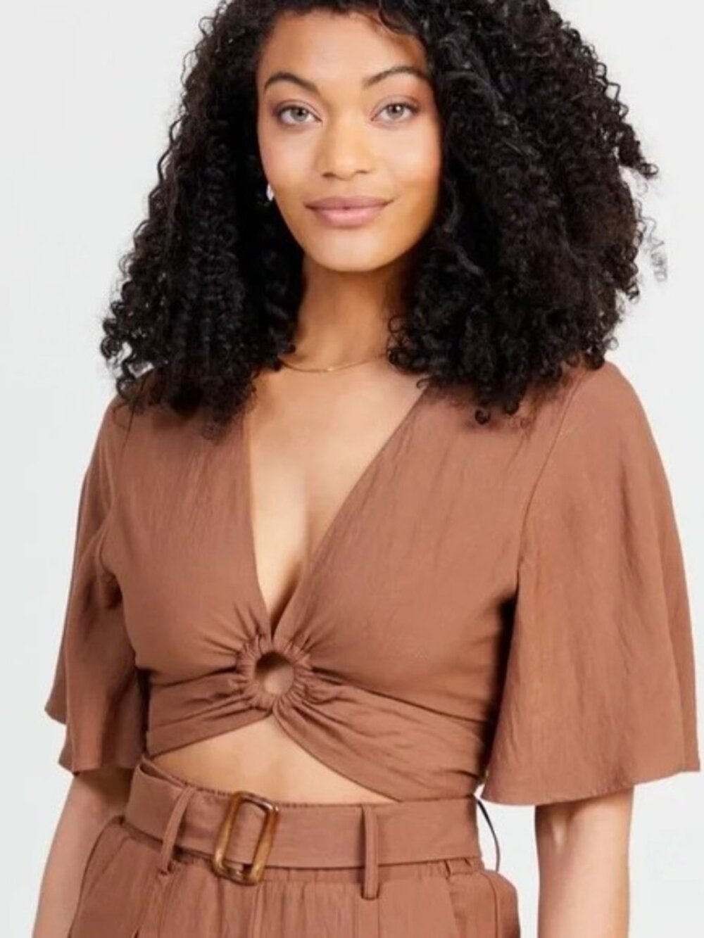 Altar'd State Brown Tie-Front Crop Top with Ring Accent
